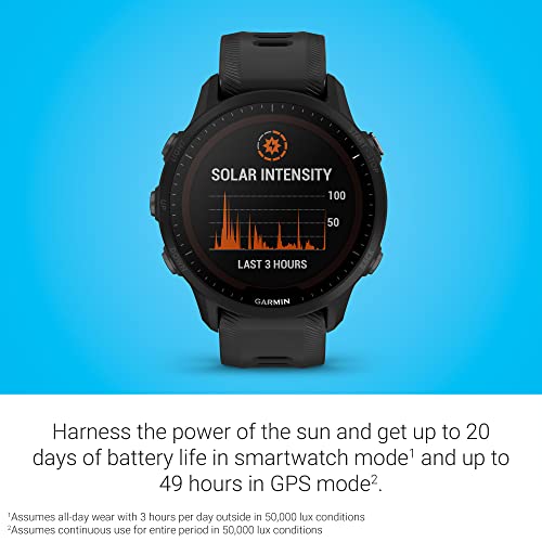 Garmin Forerunner® 955 Solar, GPS Running Smartwatch, Black with Solar Charging Capabilities, Tailored to Triathletes, Long-Lasting Battery