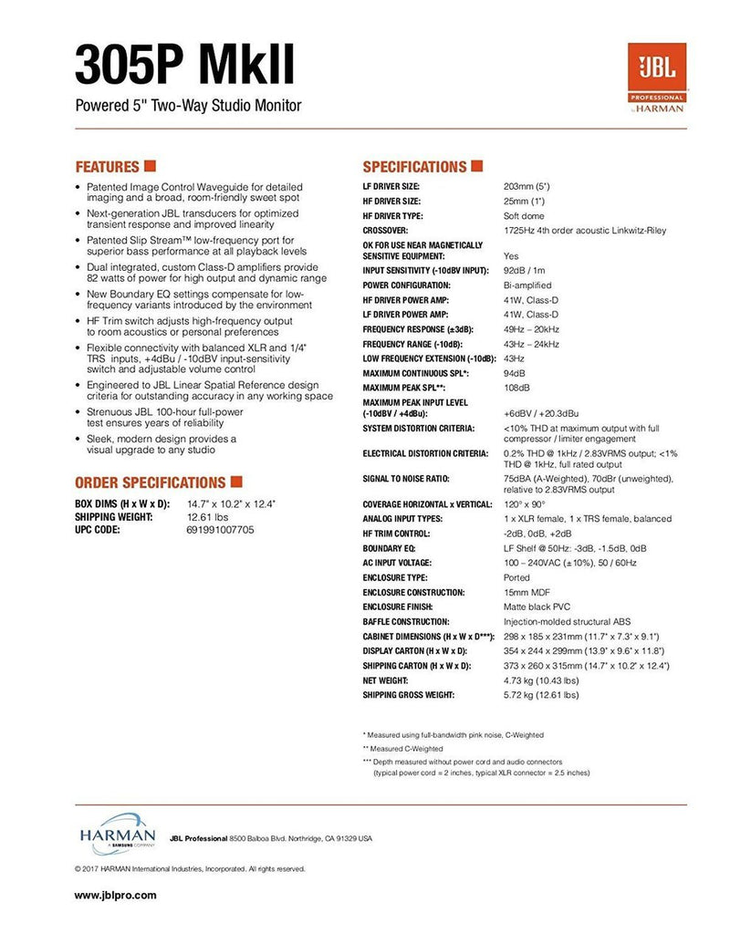 JBL Professional 305P MkII 5" 2-Way Powered Studio Monitor (new model) - 305PMKII