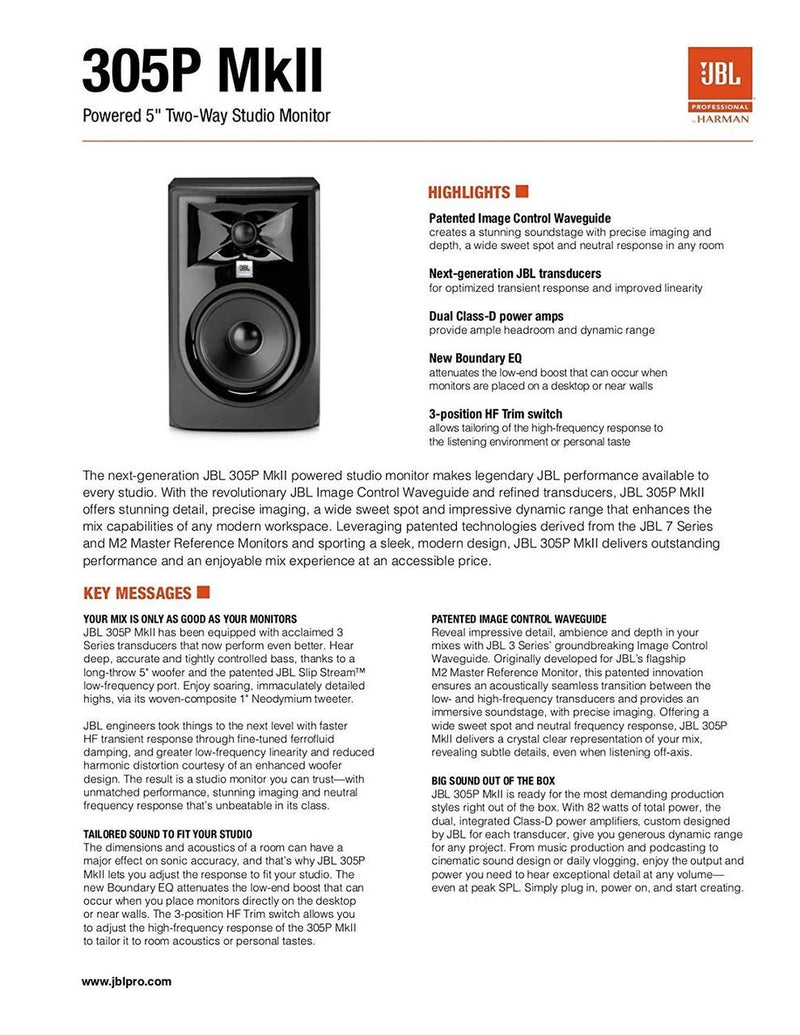 JBL Professional 305P MkII 5" 2-Way Powered Studio Monitor (new model) - 305PMKII
