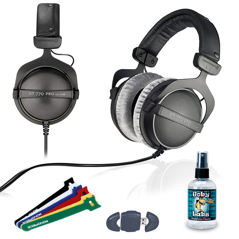 Beyerdynamic DT 770 PRO 250 Ohm Studio Headphone - 6" Velcro Straps - USB Card Reader - Goby Labs Headphone Cleaner 4oz